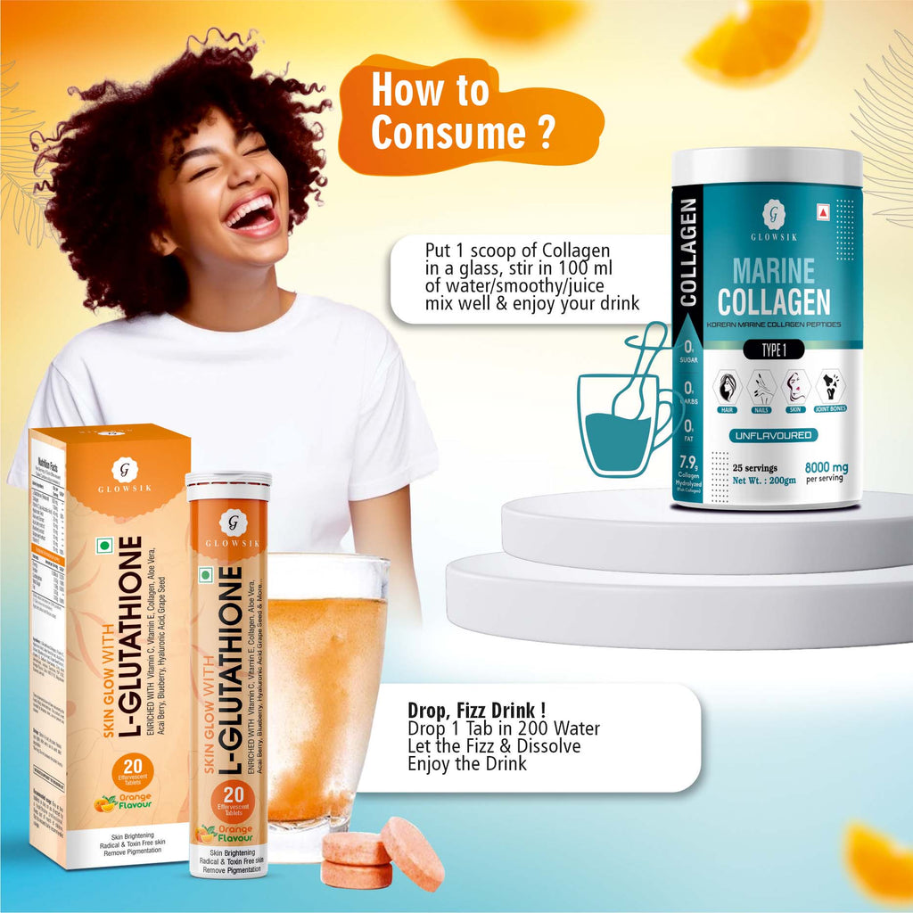 Glowsik Healthy Skin Combo - Glutathione 40 effervescent Tablets For Glowing Skin & Marine Collagen For Anti- Ageing