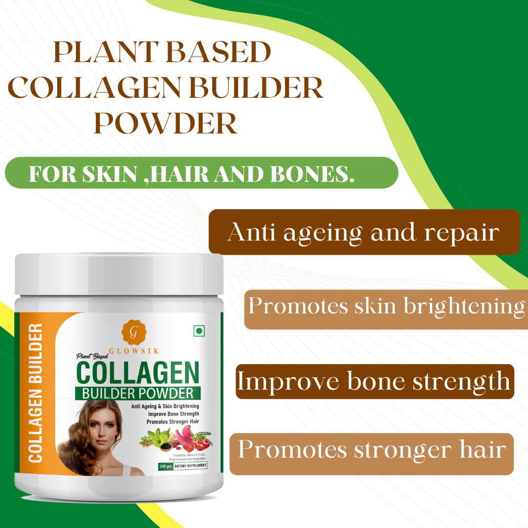 Glowsik Plant Based Collagen Builder Powder Supplement for women and men with Vitamin C for Anti-Ageing Skin, bones and hair - 300 gms