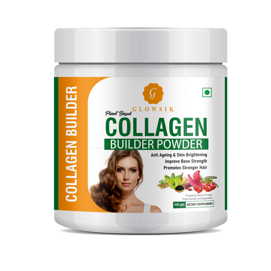Glowsik Plant Based Collagen Builder Powder Supplement for women and men with Vitamin C for Anti-Ageing Skin, bones and hair - 300 gms