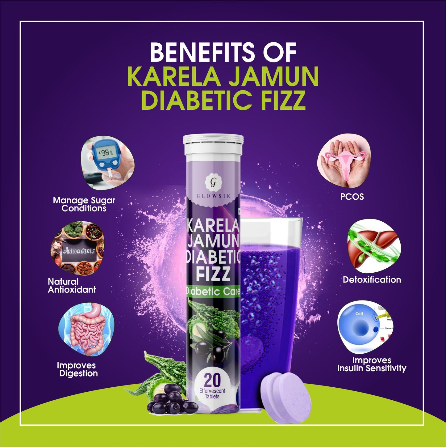 Glowsik Karela Jamun Diabetic Care Fizz Effervescent Tablet | Control Diabetes