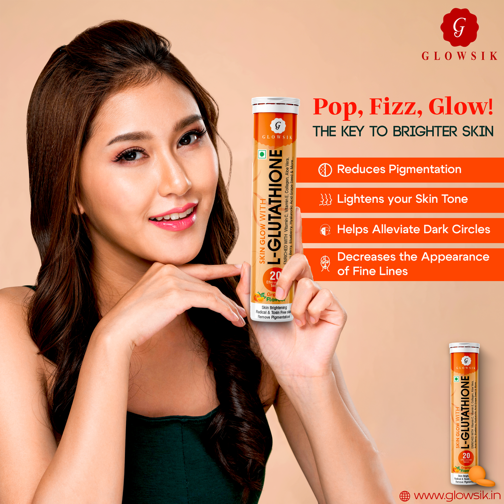 Glowsik Glutathione Effervescents tablets for skin Glow ,  with collagen  , Hyaluronic Acid , vitamin c