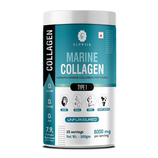 Glowsik Korean unfla Marine Collagen Powder Type 1 Hydrolyzed Collagen for Glow Healthy Skin, Hair Collagen Peptides Supplement for Women & Men (Unflavoured - 200 g)