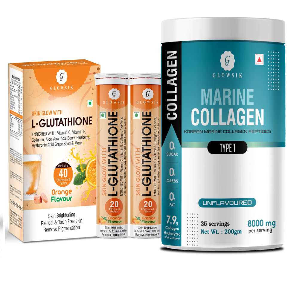 Glowsik Healthy Skin Combo - Glutathione 40 effervescent Tablets For Glowing Skin & Marine Collagen For Anti- Ageing